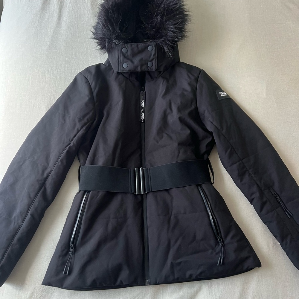 Women's Black Belted Ski Jacket with Fur Hood